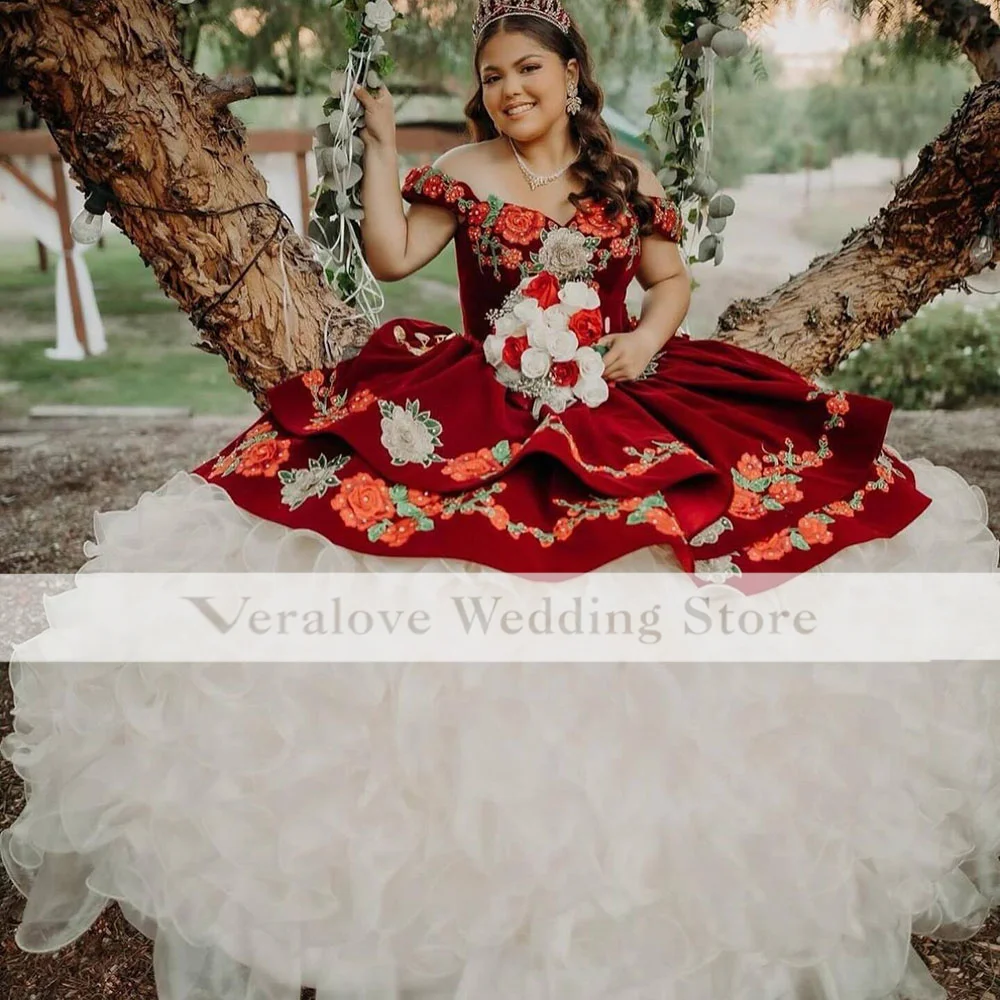 Vestido de baile rojo de lujo para quinceañera, apliques de flores, cuentas de cristales, volantes, vestidos de fiesta para niña mexicana 16. °