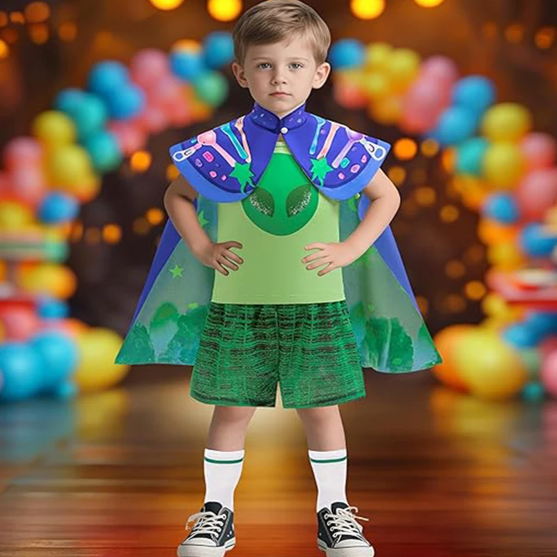 أزياء الهالوين التنكرية إيليو للأولاد أزياء مفوض الأرض قميص شورت الرؤوس بدلة خضراء للأطفال فستان تنكري لعيد الميلاد