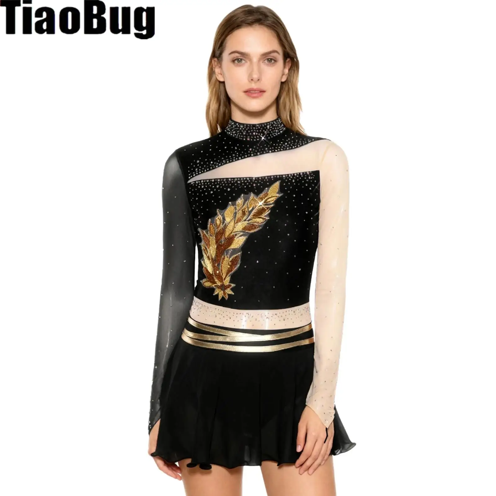 

Womens Figure Skating Dance Leotard Dress Embroidered Applique Rhinestones Long Sleeve Built-in Briefs Color Blocking Dress