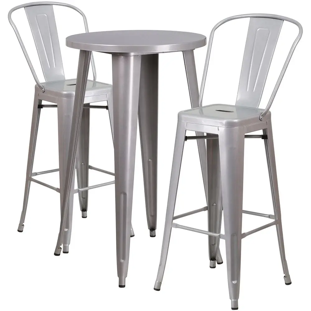 

Commercial 24 Round Silver Metal IndoorOutdoor Bar Table Set2 Cafe Stools