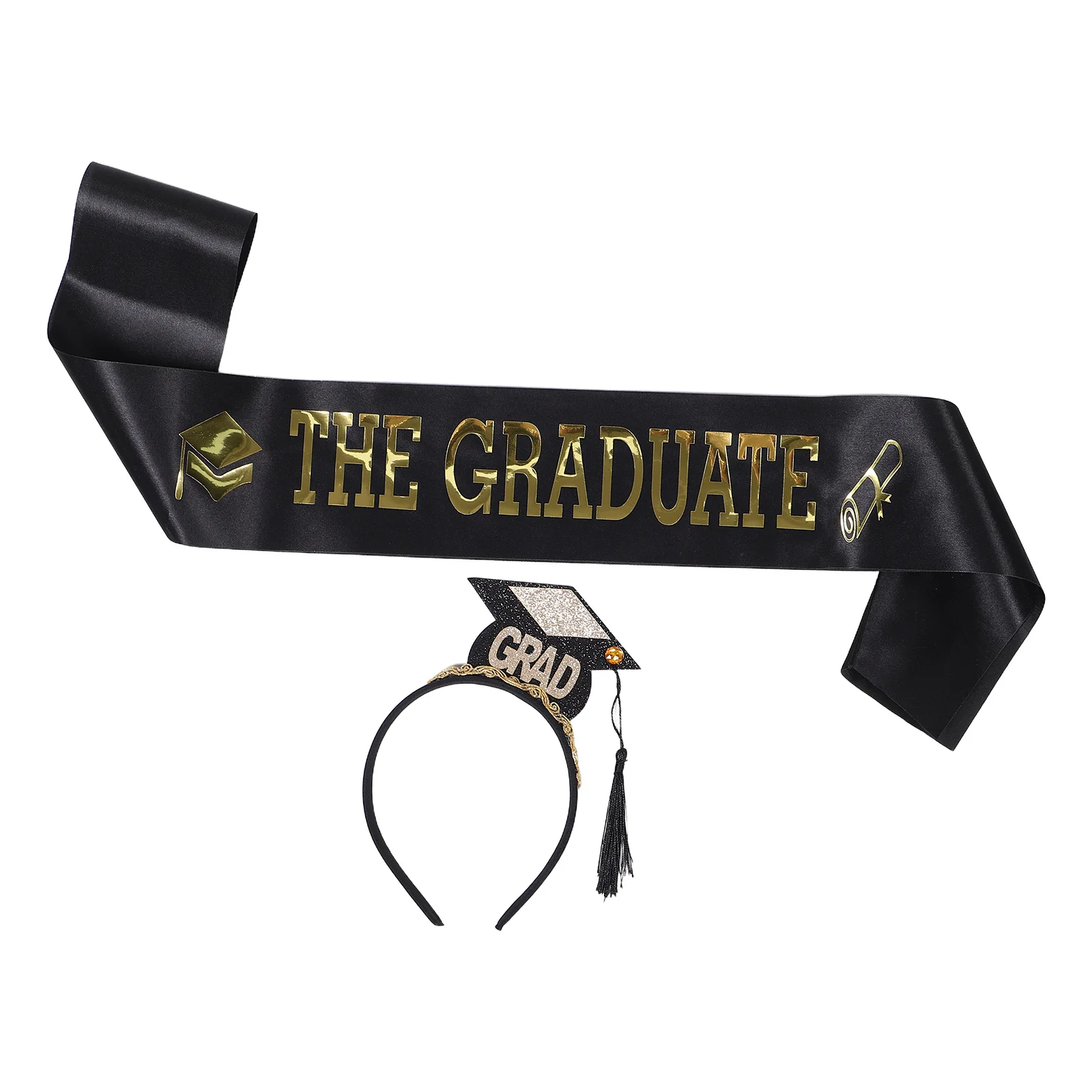 

2Pcs Graduation Cap Headband Sash Set Elegant Party Decorations Tassels Photo Props Black Satin Bachelor Hat Graduation Costume