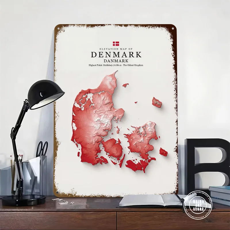 Elevation Map of Denmark Personalized 3D Textured Metal Poster Wall Art Tinplate Sign for Modern Home Decoration Ornaments House