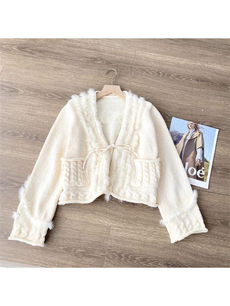 French Chic White Knitted Cardigan Mori Girl Oversized Sweater V-Neck Long Sleeve Korean Bohemian Tassels Raw Edge Streetwear