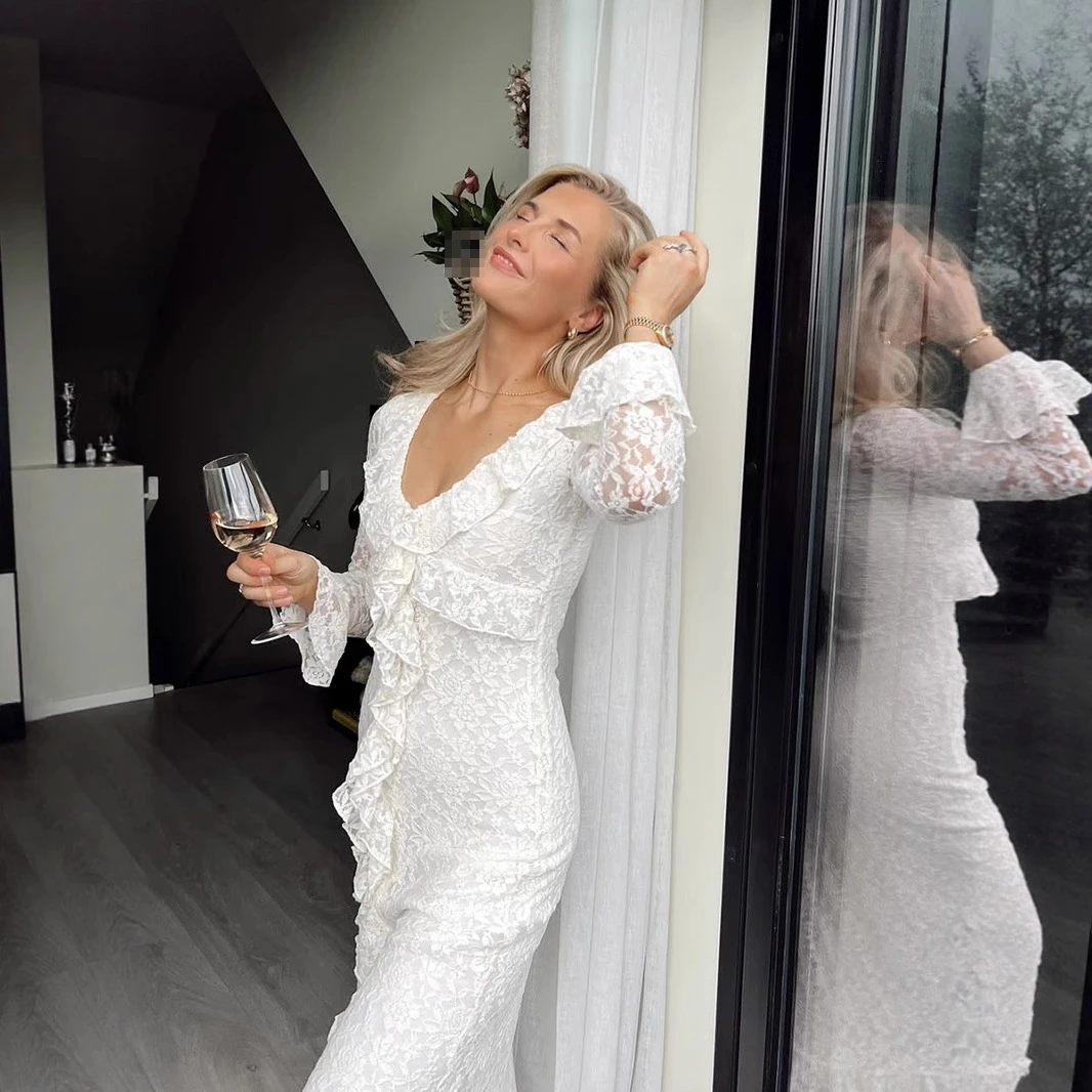 Ele Lace Trim V-Ne Long Sve Dr Damesjurk met hoge taille Polyester Zomer Herfst Lente Casual Ritssluiting