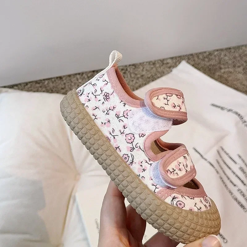 Girls Canvas Shoes Flower Printed Toddlers Kids Casual Shoes Patchwork Soft Bottom Anti Slip Children Walking Flats Shoes