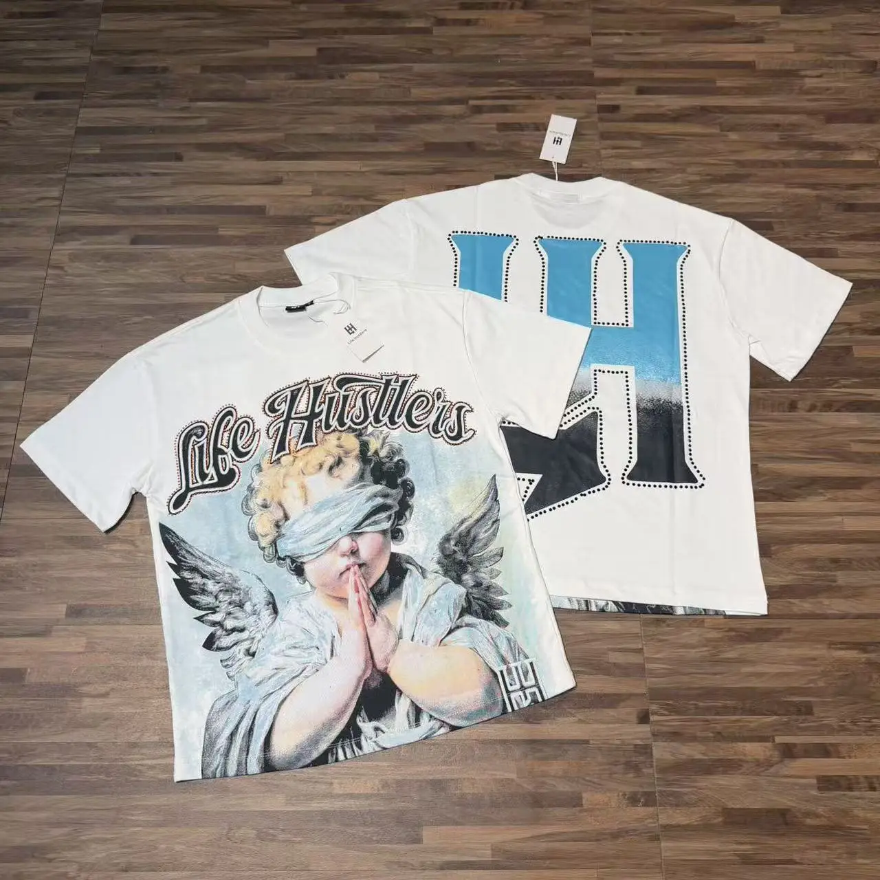Retro American Angel Print High Street Rhinestone Distressed Loose Pure Cotton Short Sleeve T-shirt Youth Trend Streetwear