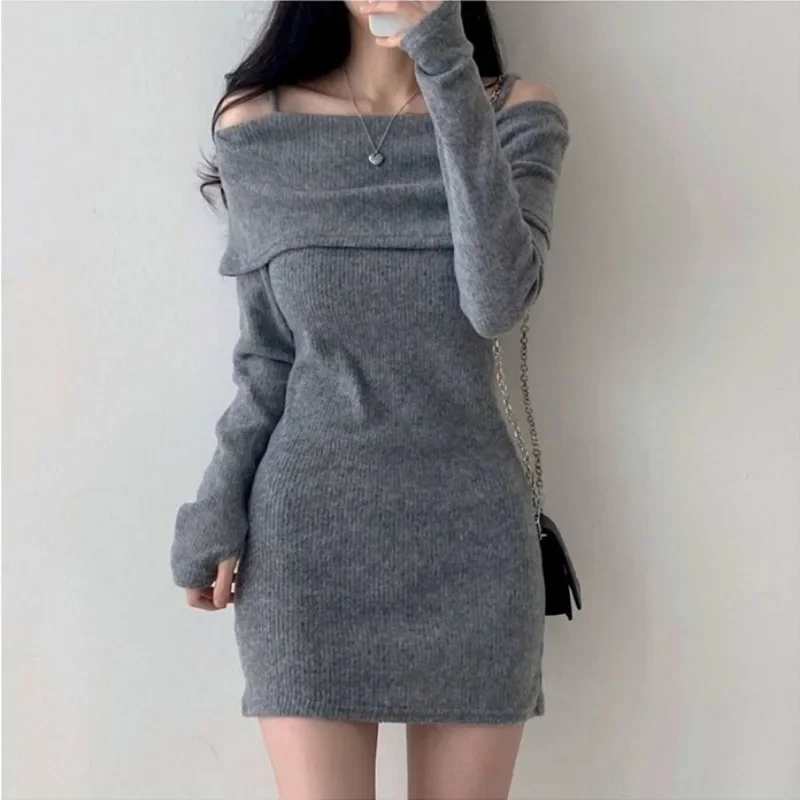 

Spring Winter Korean Style Knitted Mini Dress Solid Sexy Suspender And Off Shoulder Slim Fit Short Skirt Y2k Bodycon Dress
