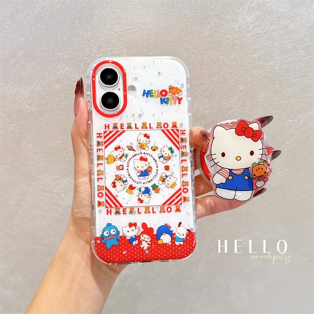 

Kawaii cartoon Hello Kitty magnetic Rotate bear stand phone case for iPhone 16 promax 13 14 15 cover Sanrio glitter cute Case