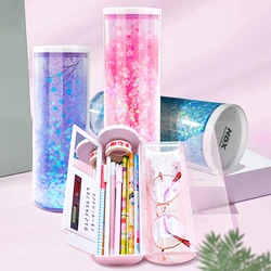 NBX Pencil Cases Multifunctional Standing Quicksand Pencil Case Organizer Double Layer with Mirror Erasable Notepad Calculator