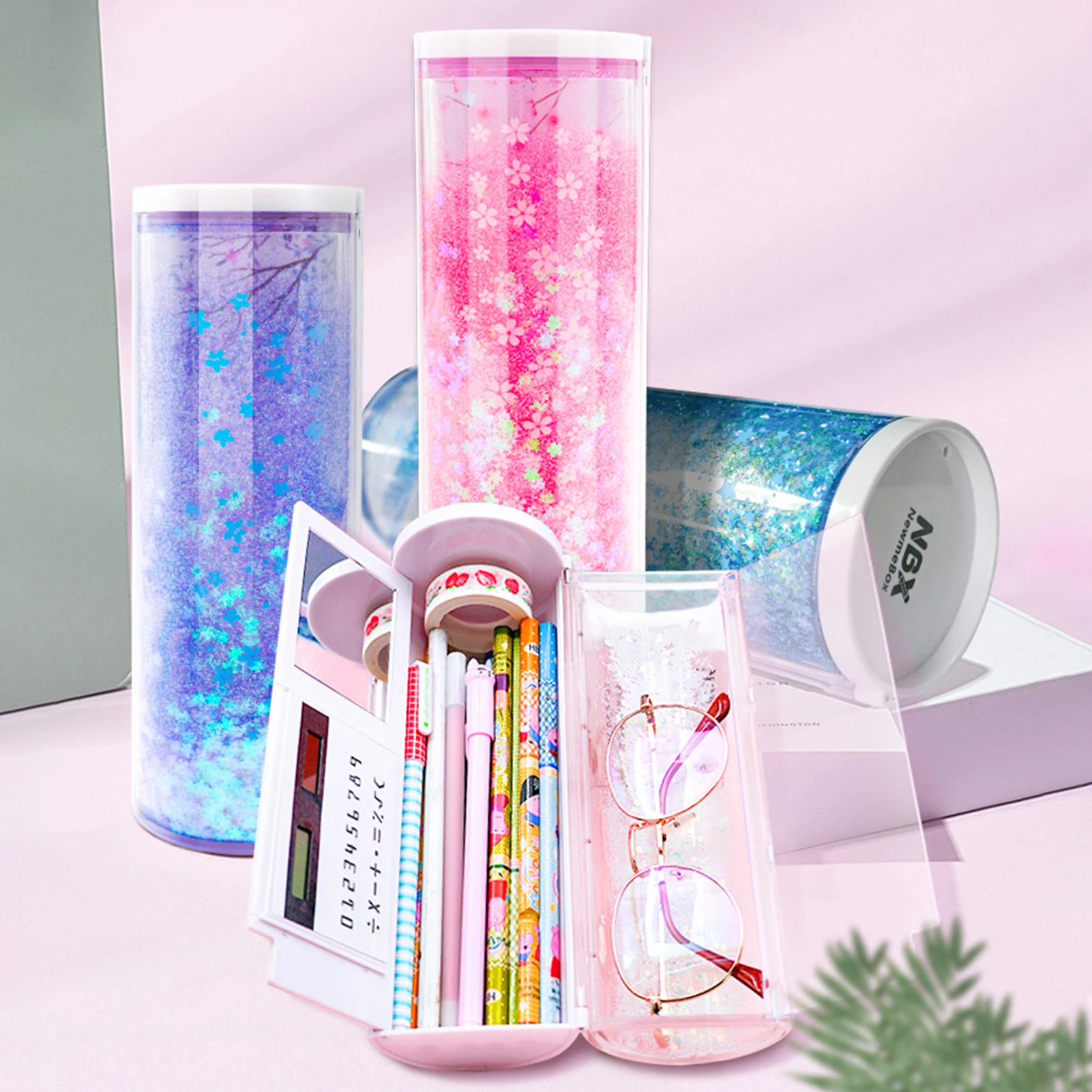 NBX Pencil Cases Multifunctional Standing Quicksand Pencil Case Organizer Double Layer with Mirror Erasable Notepad Calculator