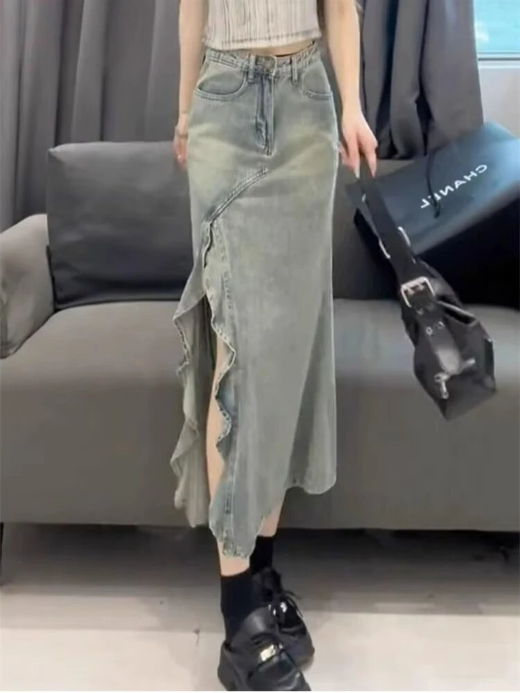 Spódnica jeansowa retro w stylu retro z falbanami, nieregularnym krojem, rozcięciem, rybim ogonem, wysoką talią, wyszczuplająca, uniwersalna spódnica w kształcie litery A, moda 2025.