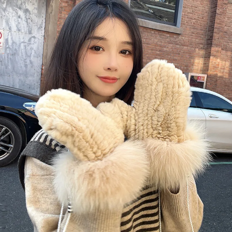 Real Rex Rabbit Fur Hanging Neck Gloves For Women Winter Plush Thickened Warm Real Fox Fur Gloves Genuine Fur Hand Warmer Gloves