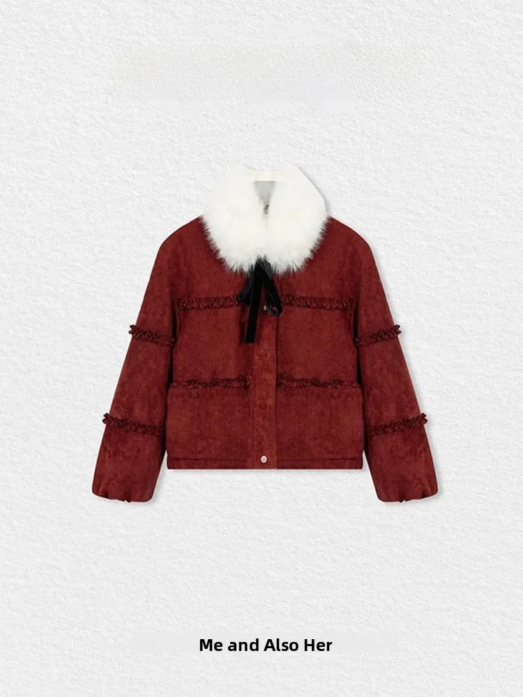 

Super Sli Thiened down Cotton Jaet Women's Winter New Loose Bread Sle Coat with Big Fur Collar And Lace Trim