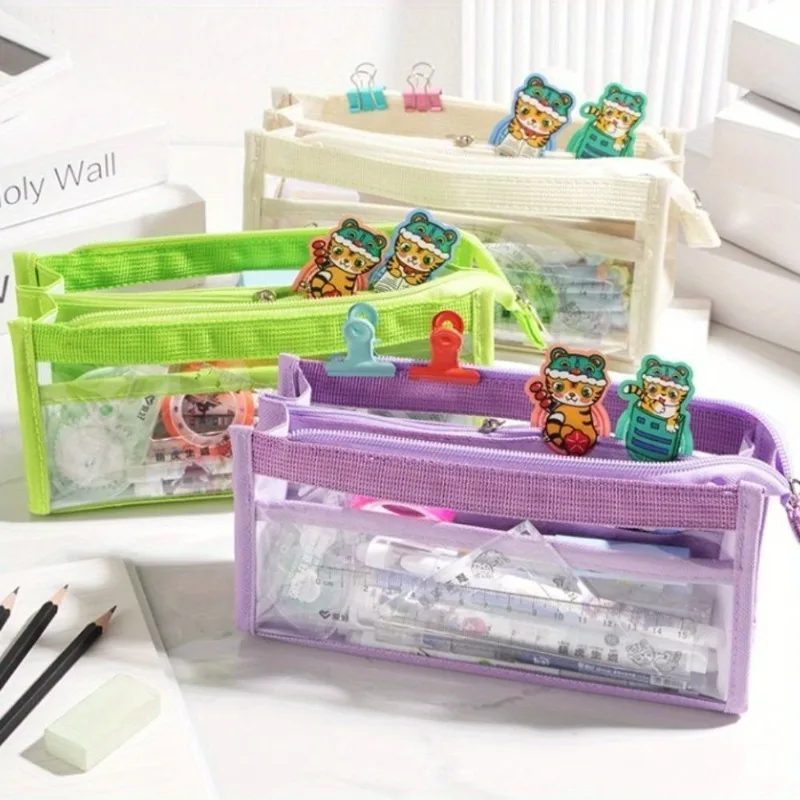 1pc Large Capacity Transparent Pencil Case, Waterproof Mesh & PVC School Supply Organizer for Students