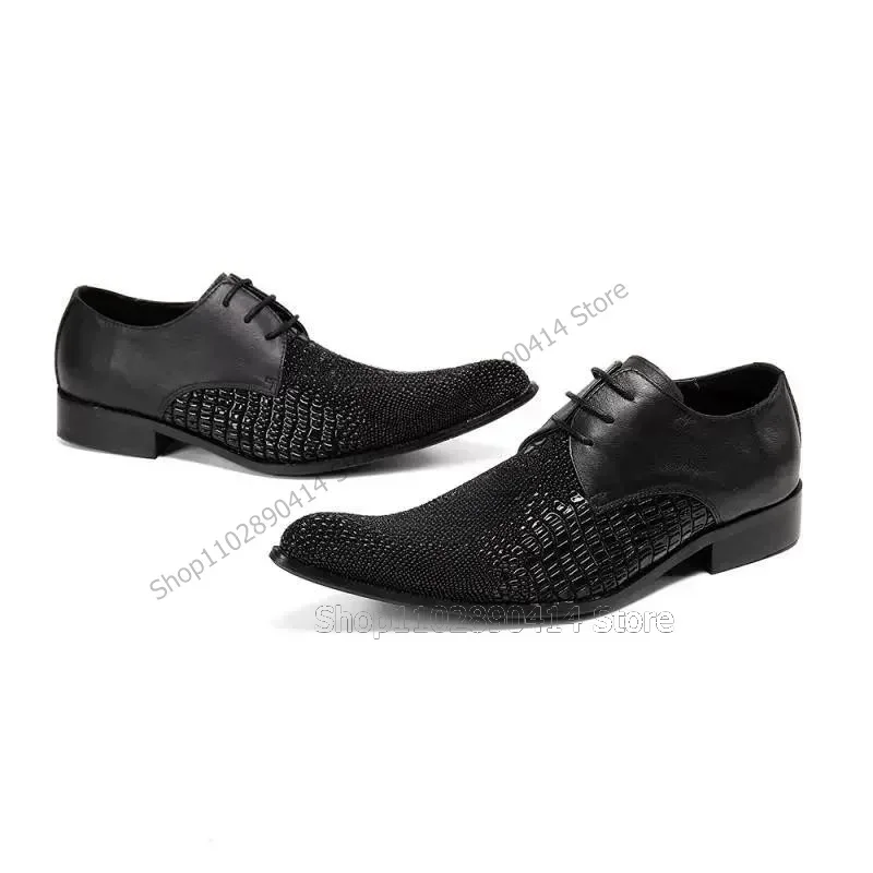 

Black Patchwork Alligator Print Pointed Toe Men Shoes Fashion Lace Up Male Shoes Luxury Handmade Party Banquet Men Dress Shoes