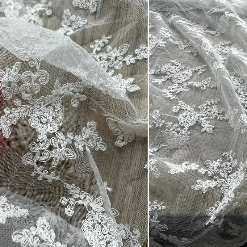 Flower Language White Pattern Embroidered Mesh Gauze Soft Translucent Creative Dress Wedding Dress Designer Fabric