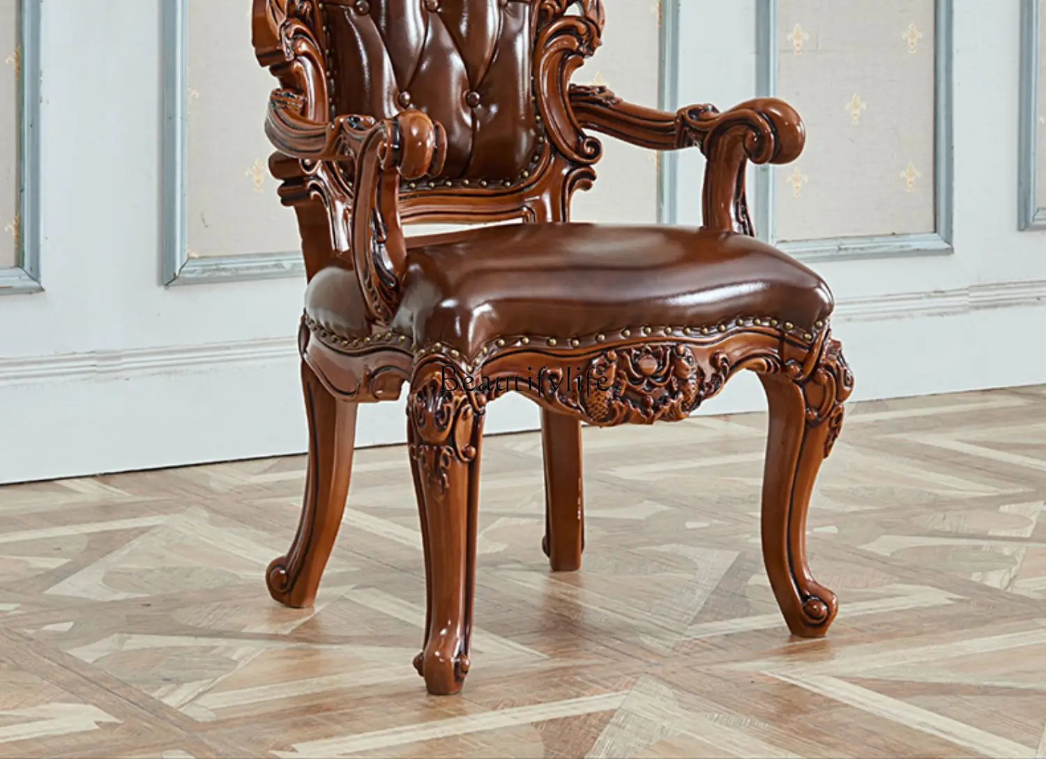 European dining chair American retro oak old leather solid wood carving flower back chair