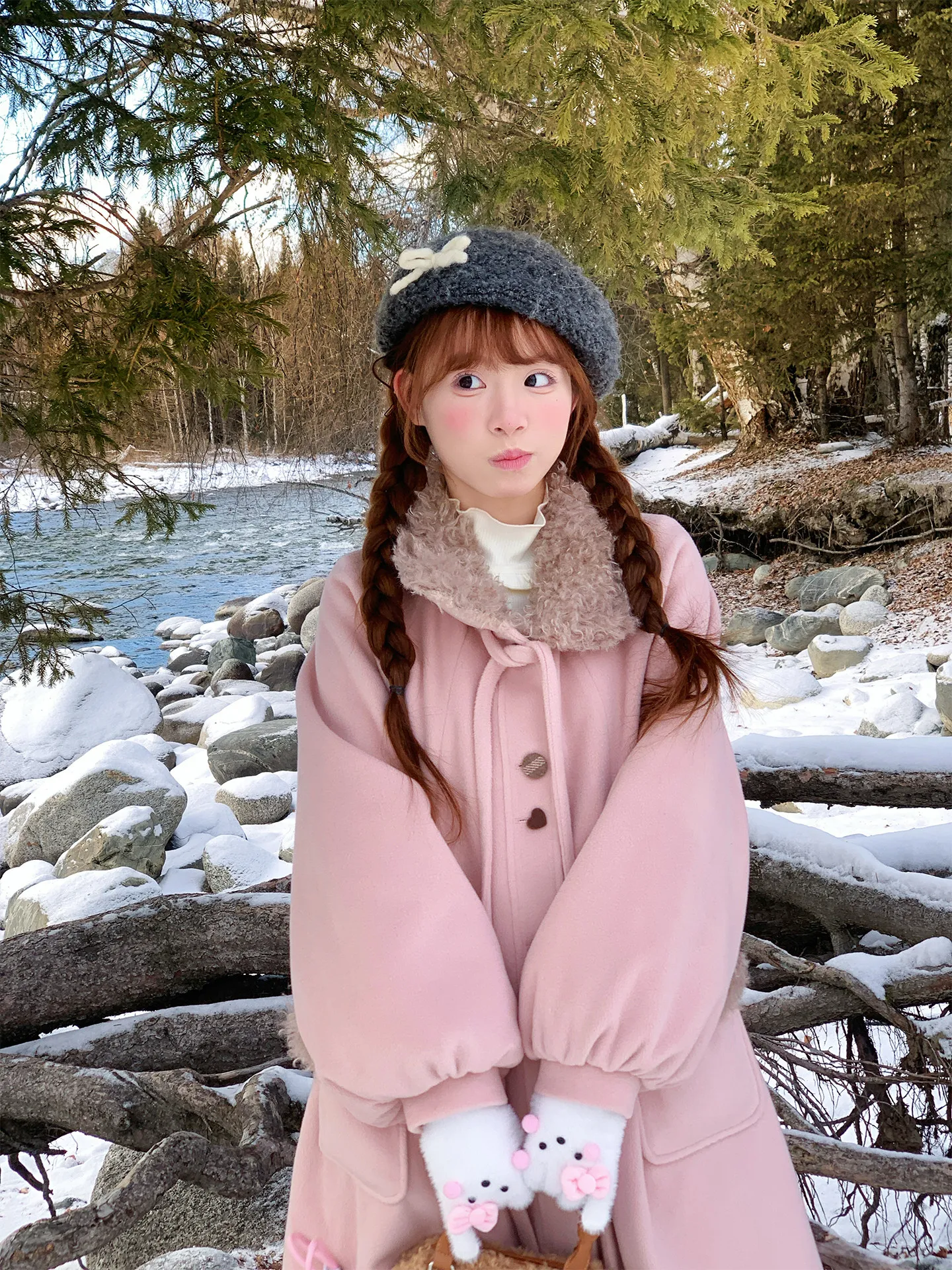 Estilo japonés elegante dulce rosa con cordones cuello de lazo abrigo de lana de un solo pecho suelto versátil acolchado chaquetas largas mujer invierno