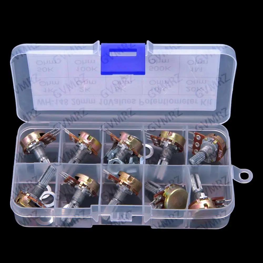 10Values 10K 50K 100K WH148 Adjustable Potentiometer Single-Pole 3Pin 1K 2K 5K  500K 1M Handle 20MM