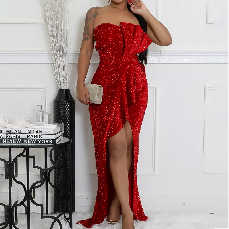 

New Fashion Off Shoulder Irregular Long Dress Elegant Strapless Solid Summer Dress Shiny Sequined Sleeveless Women Evening Dress