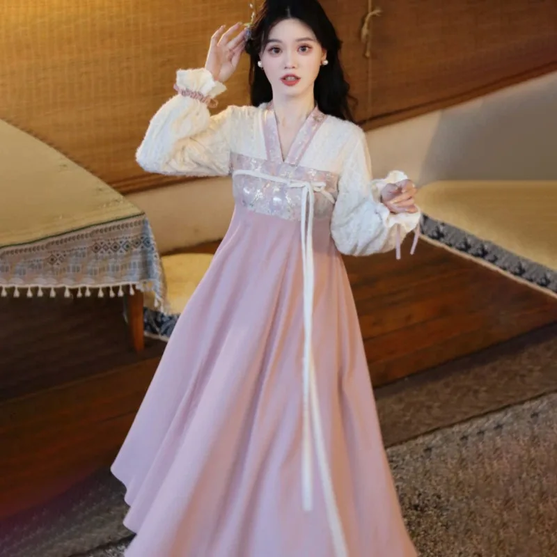 Chinese Traditional Girl Modern Hanfu Dress V Neck Long Sleeved Top Pink Chest Length Dress Elegant Women Evening Dresses