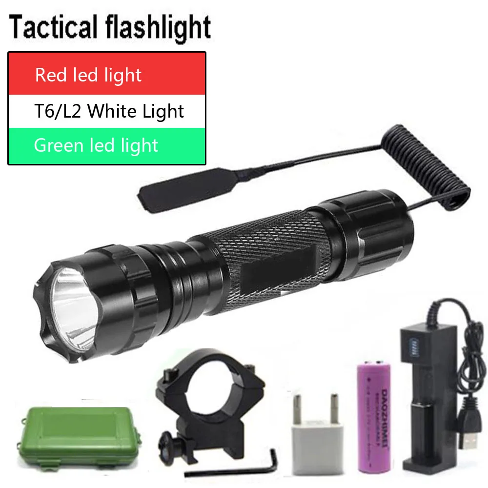 2000 Lumens LED Tactical Flashlight Hunting Torch Scope Rifle Mount+18650 battery+USBCharger+Remote Switch