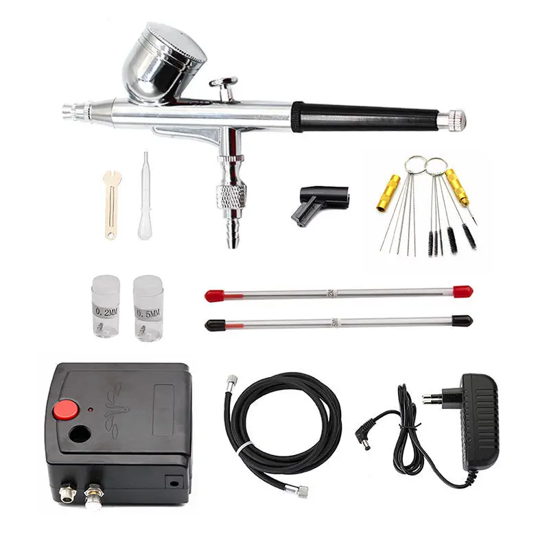 네일 에어브러시 용 0.3mm 에어 브러시 키트가있는 듀얼 액션 스프레이 건 에어 브러시 모델 케이크 자동차 페인팅 용 휴대용 미니 에어 브러시 세트