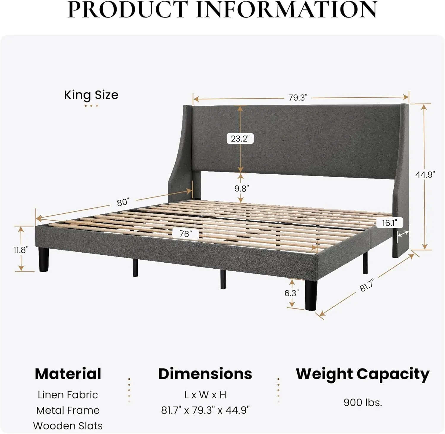 إطار سرير منجد مع لوح رأسي مجنح مبسط من قماش الكتان المسامي وشرائح خشبية صلبة سهلة التجميع باللون الرمادي الداكن