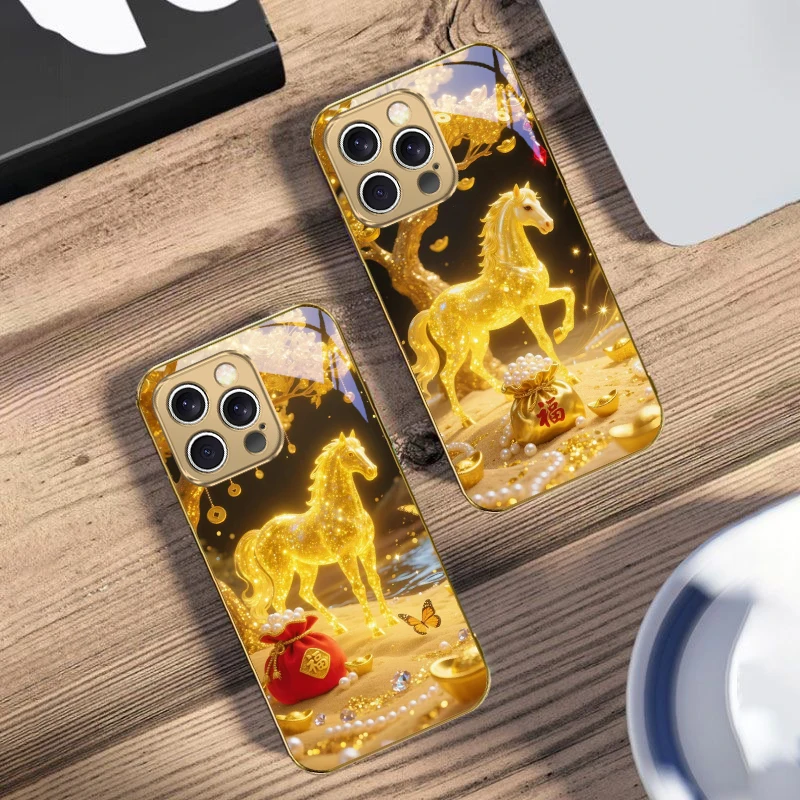 The Golden Fighting Horse For IPhone 16 17Pro Max 15 P ro 14 13 Plus 12 Mini 11Pro Max XR 16E 17 Air Golden glass phone case - Image 2