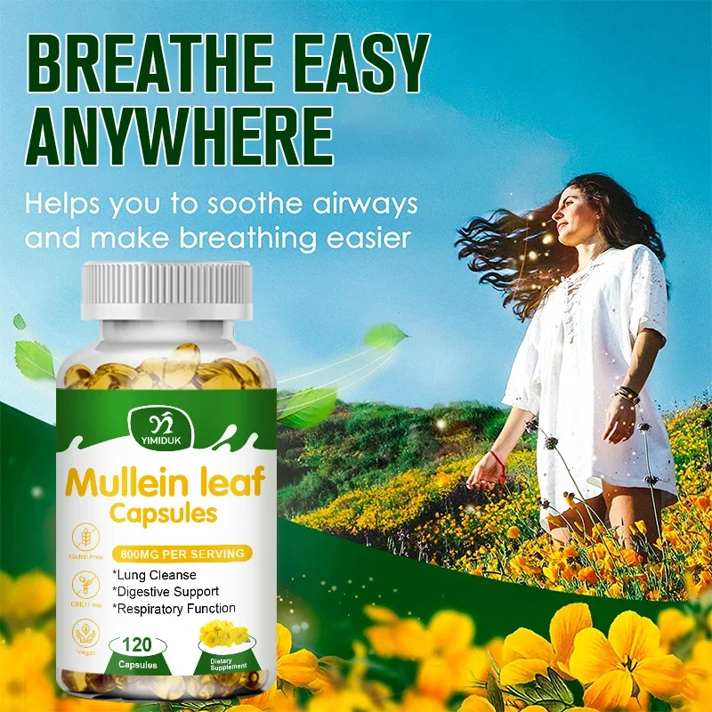 Natural Mullein Leaf Capsules, with Verbascum Thapsus, Support Cleanse Lungs, Detox, Respiratory, Immune & Digestive System
