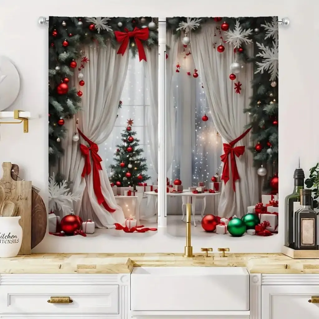 2pcs Christmas Print Curtains Soft Microfiber Rod Pocket Design for Easy Hanging Perfect Curtain for Living Room & Bedroom Decor