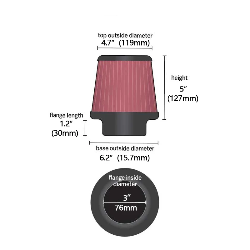 76mm/3inches autó Univerzális K&N Meghűlés Nóta Szűrőkészülék Fogyasztás Áramgerjesztés készlet Szerkezeti elem