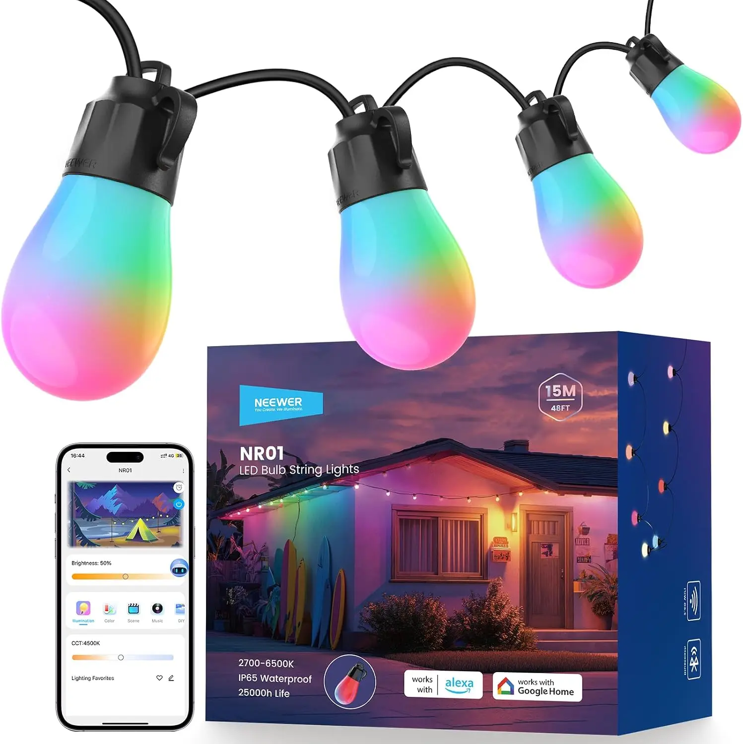 NEEWER Smart AI RGB IC W Outdoor String Lights 48/96/144ft, Patio Balcony Backyard Lighting IP65 45 LEDs 50+ Scenes Alexa Google