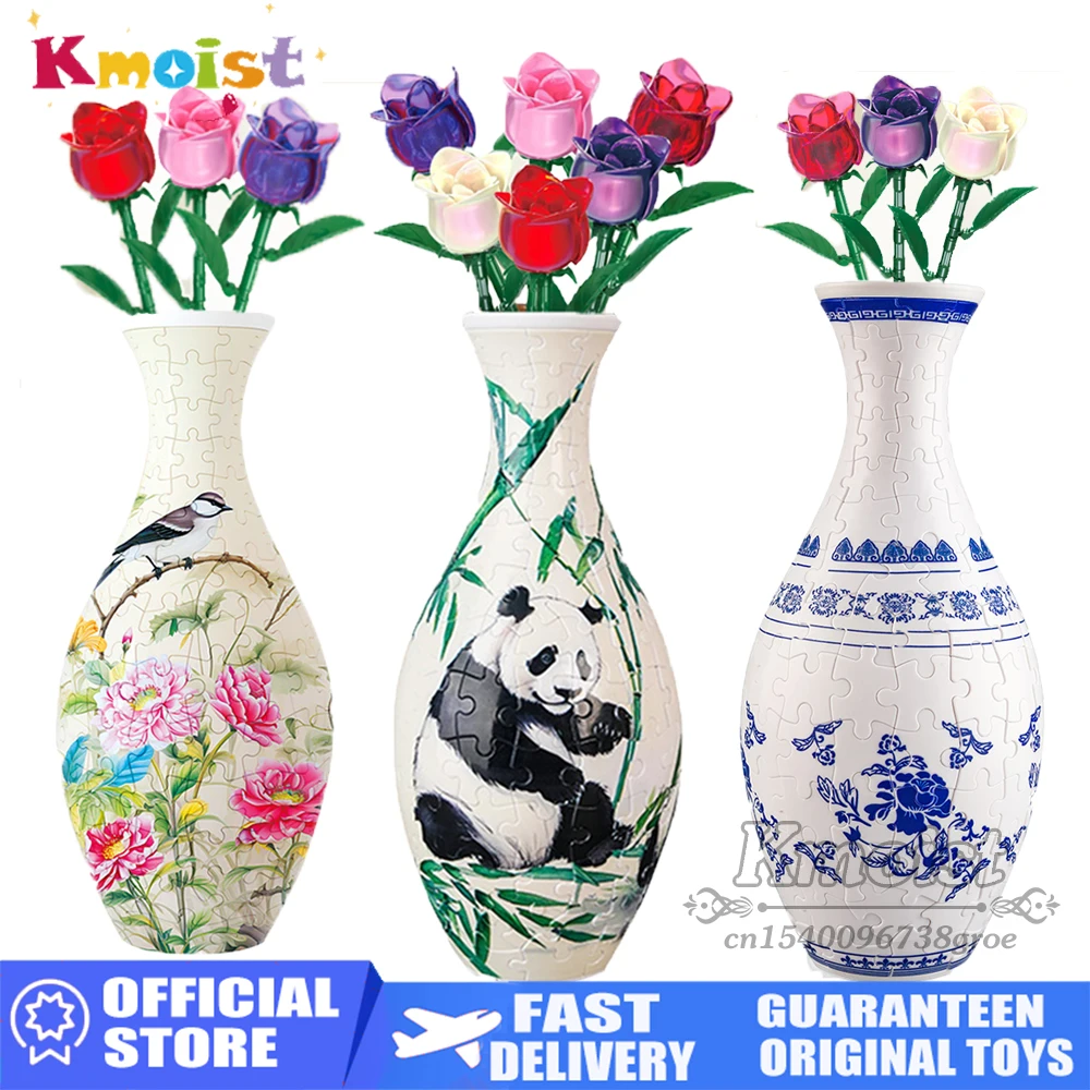 Valentine's Day Creative Gift Romantic Building Blocks Eternal Flowers and Puzzle Vase Cute Panda Blue and White Porcelain Print