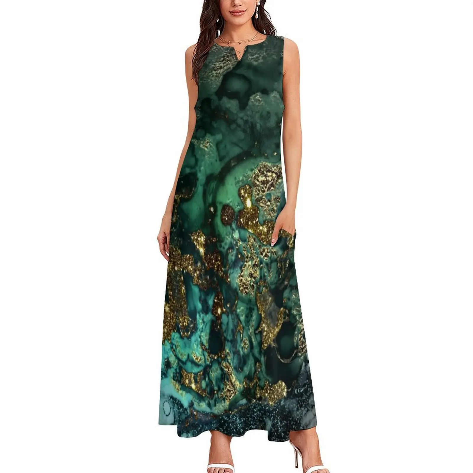 Gold Indigo Faux Malachite Marble Long Dress Aesthetic clothing Woman fashion Dress