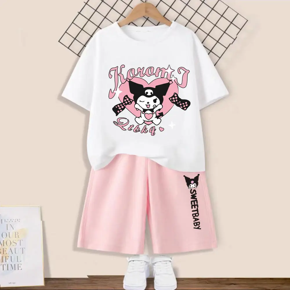 Sanrios Kawaii Anime Kuromi Cute Cartoon Kids Summer Cotton Short Sleeve T-Shirt Shorts Casual Sportswear Set Birthday Gift