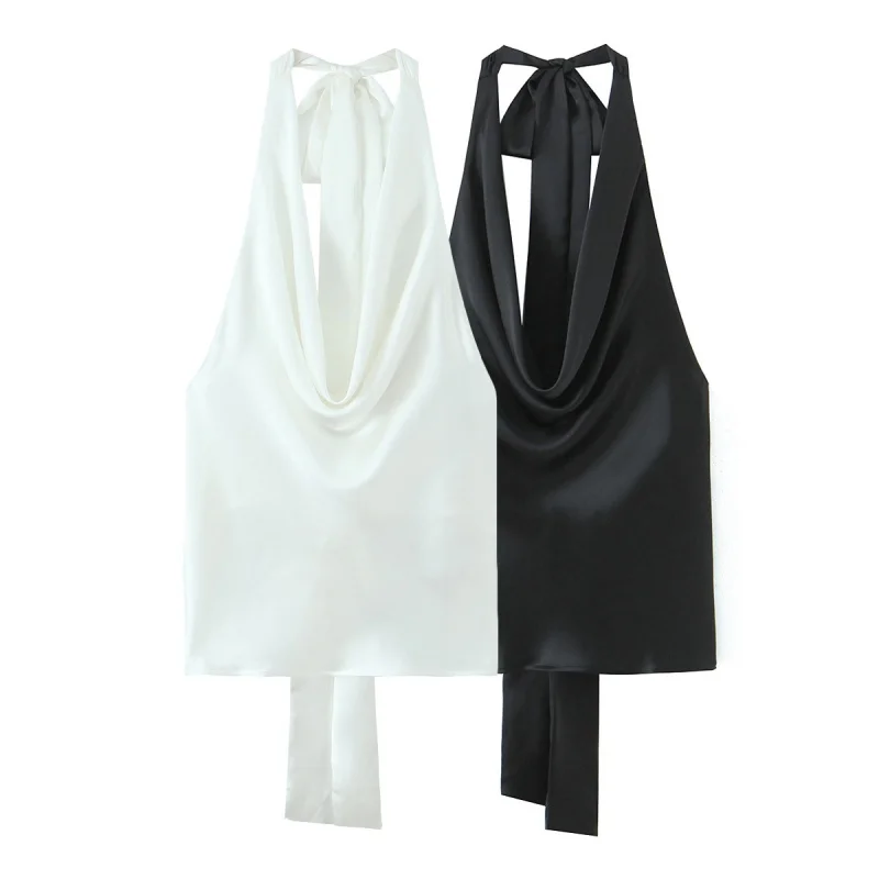 Femmes décontracté Satin haut à licou avec cravate réglable sans manches dos ouvert col solide gilet été plage Style décontracté femme Blouse