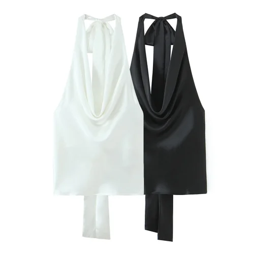 Top informal de satén con cuello Halter para mujer, blusa informal sin mangas con lazo ajustable y espalda abierta con cuello liso, estilo playero para verano