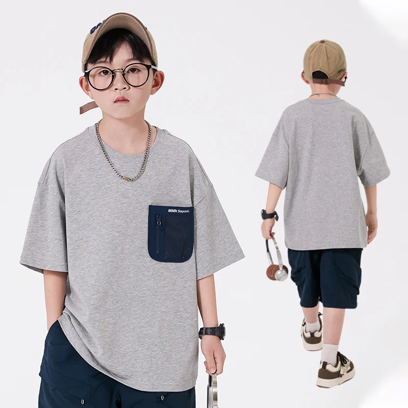 Brief Style Summer Children's Short Sleeve Cotton T-shirt with Front Pocket For Boys Casual Gray Tshirt Outfit Kids School Tees