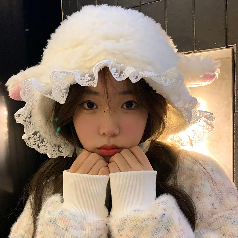 Japanese Sweet and Cute Sheep Ear Plush Pullover Hat Women's Autumn and Winter Trend Lace Warm Lace-up Earflap Bomber Hats