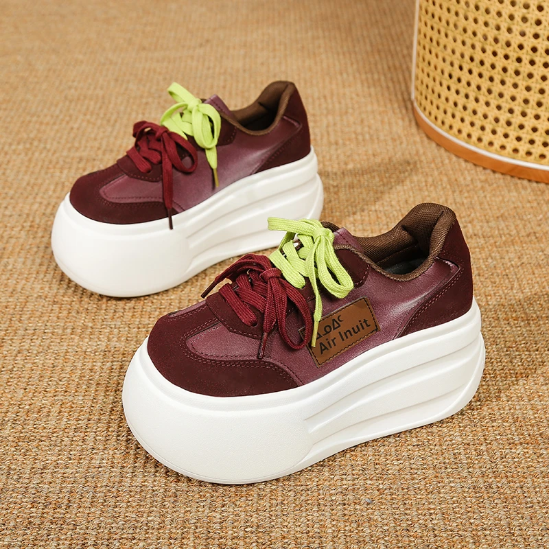 7 CM Women's Autumn Thick Bottom Shoes Breathable Microfiber Leather Vulcanize Flat Platform Sneakers White Walking Shoes