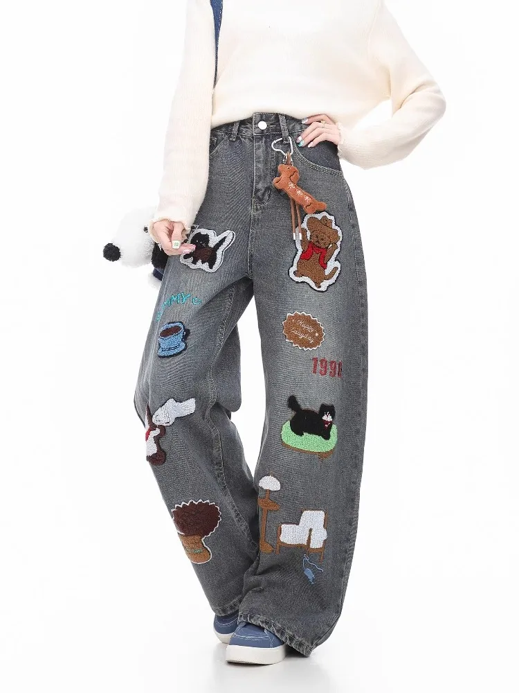 Women's Embroidery Cute Cartoon Patterns Jeans Cool Girl Trousers Summer Wide Leg Pants Female High Waisted Unisex Sweatpants