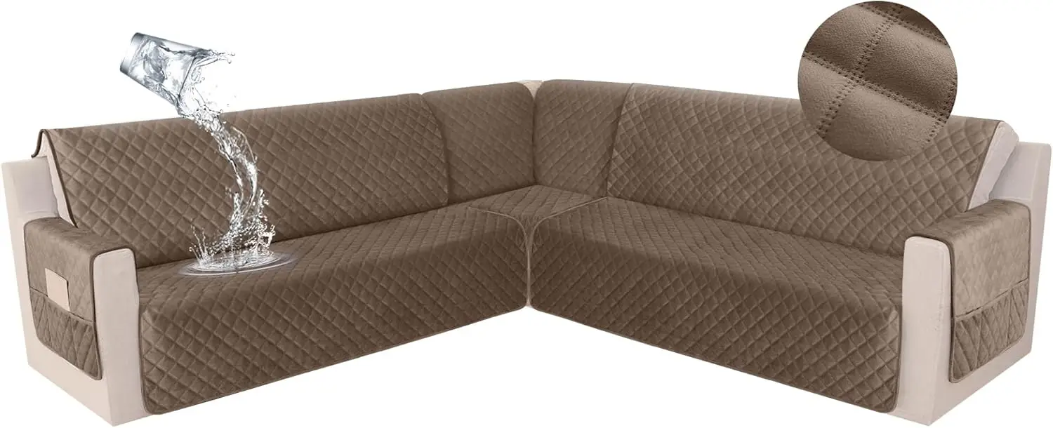 Wodoodporny pokrowiec na narożną sofę modułową, aksamitny pokrowiec na sofę w kształcie litery L, chroniący przed zwierzętami, antypoślizgowy, jasnobrązowy, XX-Large