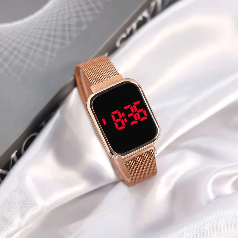 Простые цифровые часы для женщин, роскошные светодиодные часы с магнитным металлическим сетчатым ремешком, спортивные модные женские электронные часы