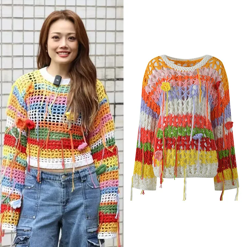

Faionable Knitted Top Hollow out Tassel Trim Striped Hook Flower Loose Fit Women's Commute Sle Ultra Thin Summer New Arrival