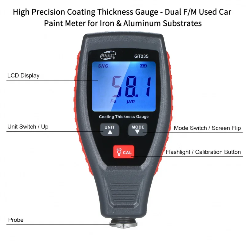 

BENETECH GT-235 Высокоточный толщиномер покрытия - двойной F/M используемый автомобильный измеритель краски для железных и алюминиевых подложек