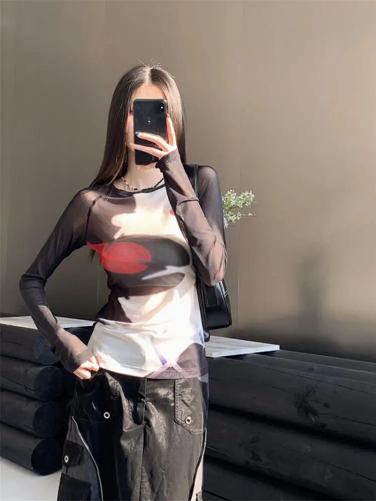 Yedinas Patchwork See Through Mesh Tops Spring Summer T Shirt Women Long Sleeve Y2k Streetwear Design Tee Shirt Femme Chic 2023