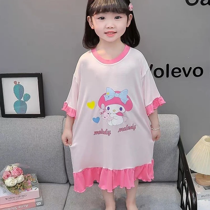 

Girl Heart Kawaii Kuromi Girls Nightdress Sanrio Anime My Melody Summer Cartoon Cute Ice Silk Princess Dress Breathable Kid Gift