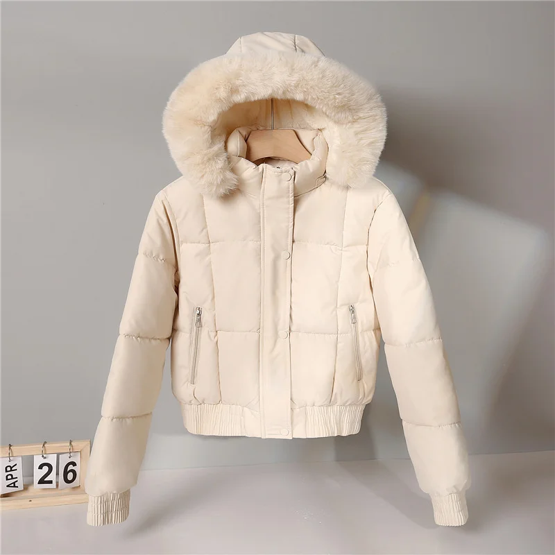 Female Fleece Warm Bread Jacket Student Coat Outerwear Women Winter Jacket Solid Hooded Fur Collar Short Cotton Padded Jacket