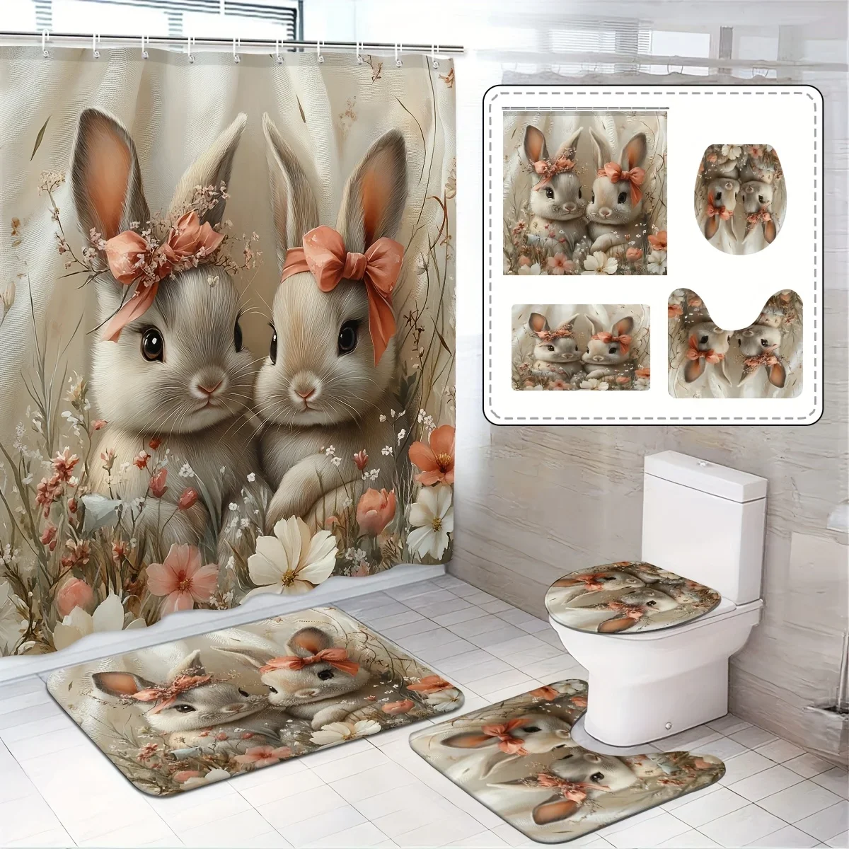 

Adorable Bunny Bathroom 4-Piece Set Waterproof Shower Curtain Non-Slip Mats Soft Microfiber Material Cute & Cozy Design